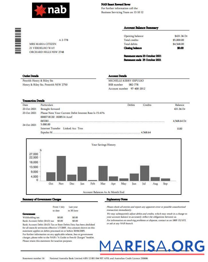 Printable USA NAB bank statement word sample